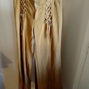 Anthropologie 100% Linen open pleated seem, braided tie front Pants nwot